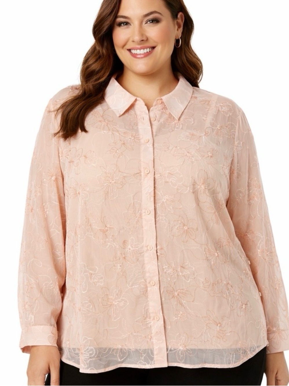 Alfred Dunner pink blush sheer overlay embroidered feminine button up blouse 24W